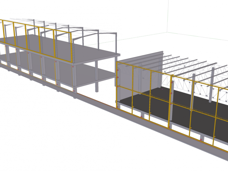 Trabajos dentro de las antiguas instalaciones de Damm de cara a reorganizar el proceso productivo entre ellos la colocación de una pasarela de 52x5x4m y 78 toneladas de peso de la cual se descolgo una mezzanine intermedia para trabajos de mantenimiento.