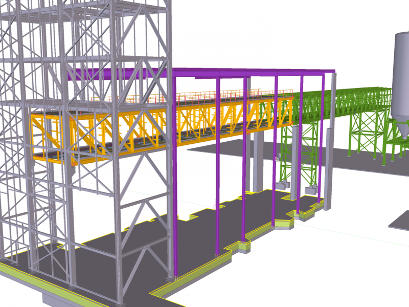 Trabajos dentro de las antiguas instalaciones de Damm de cara a reorganizar el proceso productivo entre ellos la colocación de una pasarela de 52x5x4m y 78 toneladas de peso de la cual se descolgo una mezzanine intermedia para trabajos de mantenimiento.