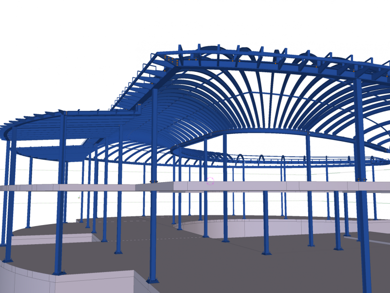 Ejecución de estructura singular para vivienda privada mediante jácena perimetral portante sobre pilares mixtos y cubierta con arcos curvados, todo ello con perfiles laminados abiertos. La estructura se suministro con una protección anticorrosiva para ambiente C5 y protección pasiva RF60.