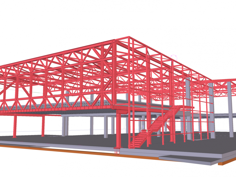 Ejecución de estrutura metálica para cubierta de pendientes variables sobre estructura prefabricada de hormigón, con un voladizo en fachada principal de doce metros de vuelo. La estructura primaria se completo con la ejecución de las escaleras metálicas y todo el sistema de sub estructura para el cerramiento.