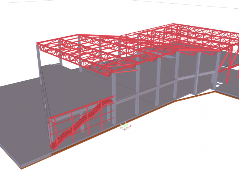 Ejecución de estrutura metálica para cubierta de pendientes variables sobre estructura prefabricada de hormigón, con un voladizo en fachada principal de doce metros de vuelo. La estructura primaria se completo con la ejecución de las escaleras metálicas y todo el sistema de sub estructura para el cerramiento.